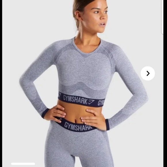 Gymshark Flex Long Sleeve Crop Top - Steel Blue Marl/Evening Navy Blue - Picture 2 of 6